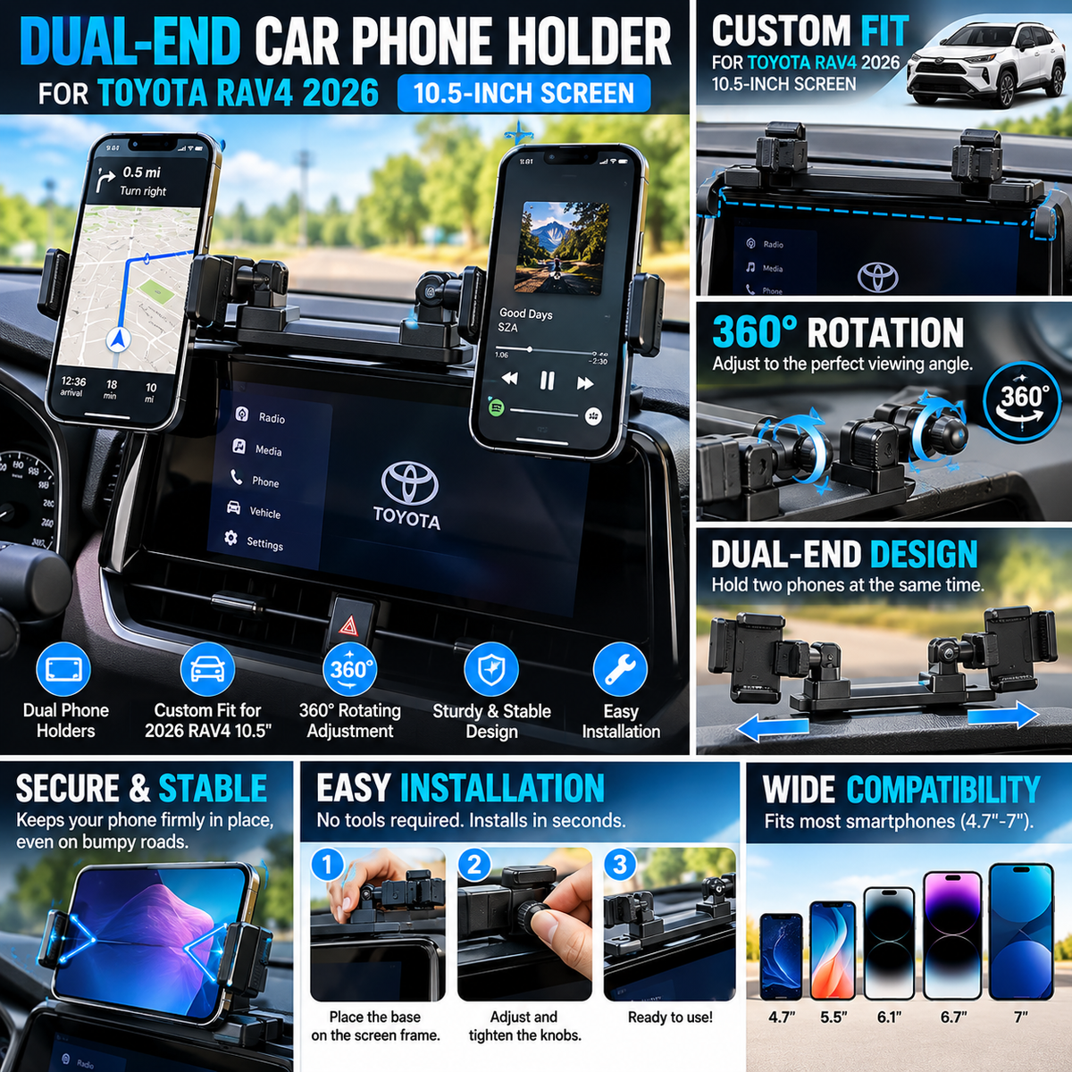 Dual Phone Holder for 2026 Toyota RAV4 – Adjustable Dashboard Mount