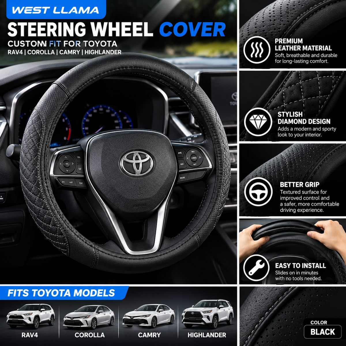 West Llama Premium Steering Wheel Cover for Toyota – Black Diamond Quilted