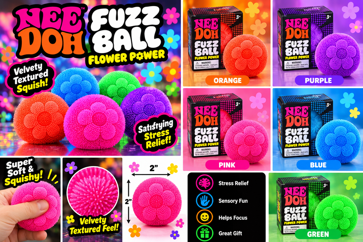Schylling NeeDoh Fuzz Ball Flower Power – Squishy Sensory Stress Relief Toy