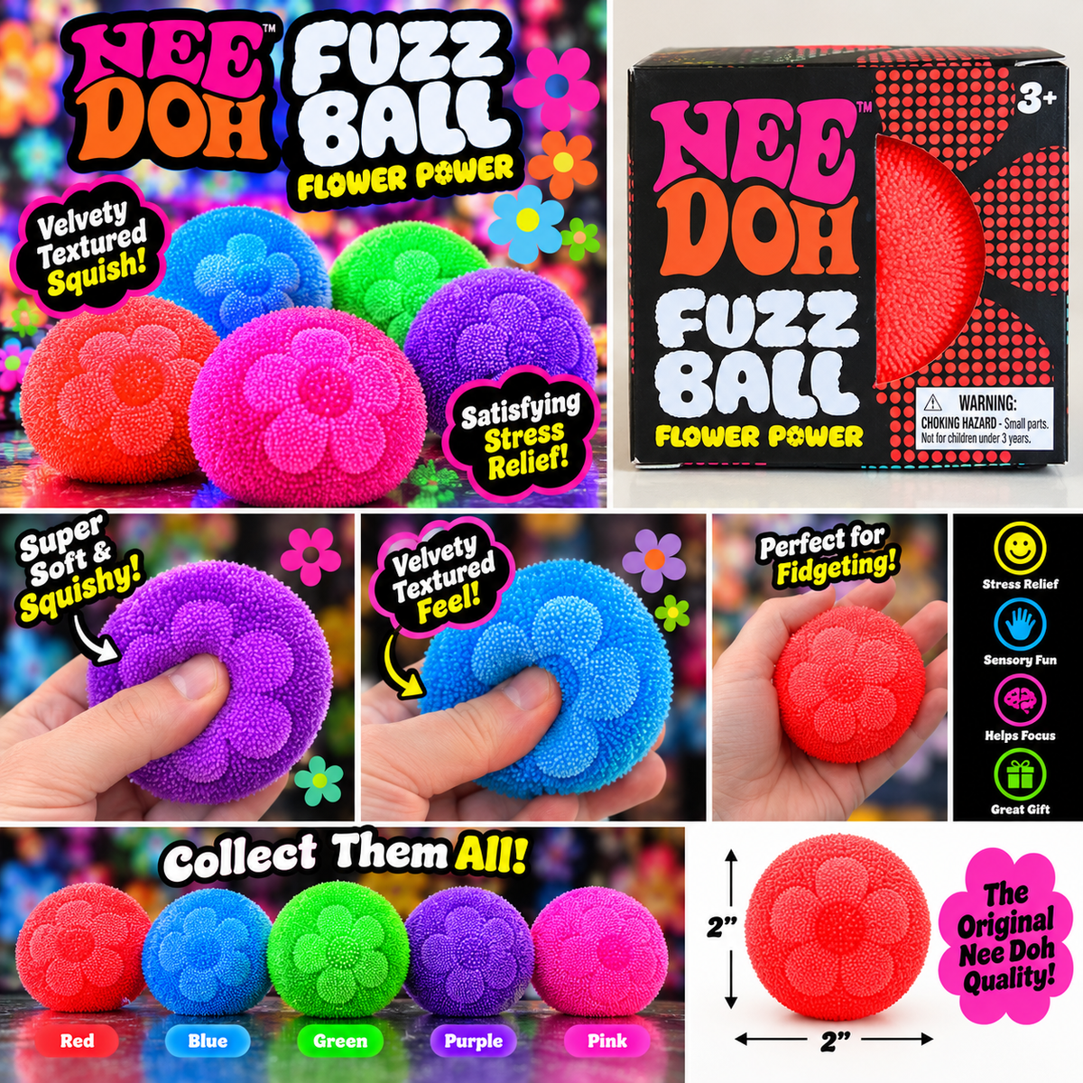 Schylling NeeDoh Fuzz Ball Flower Power – Squishy Sensory Stress Relief Toy